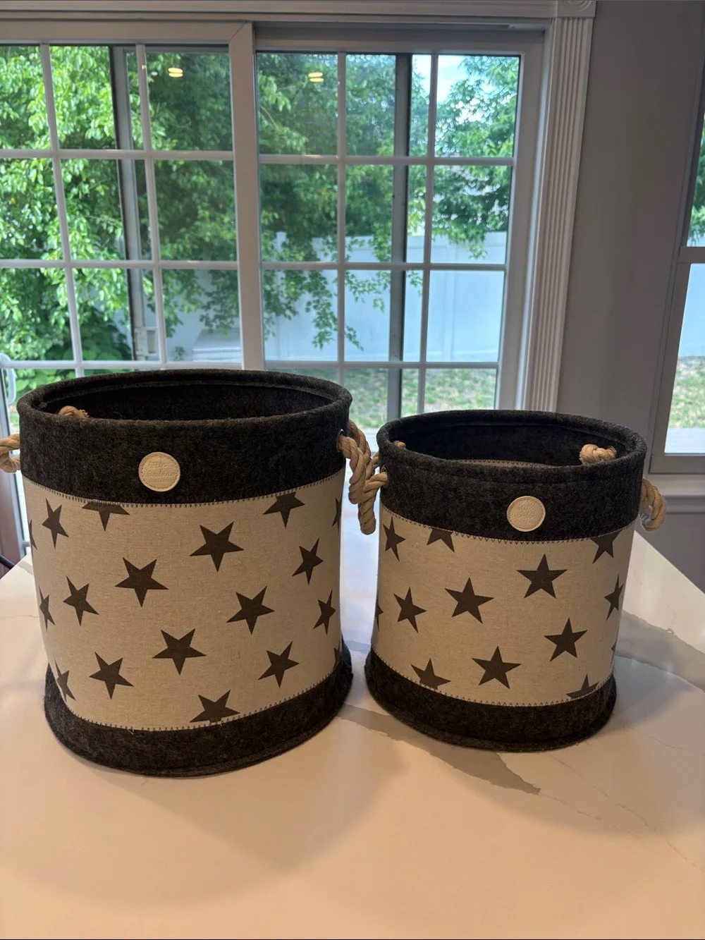 Star Storage Baskets w/ Rope Handles - Cream Thick Canvas & Sturdy Gray Felt 2Pc